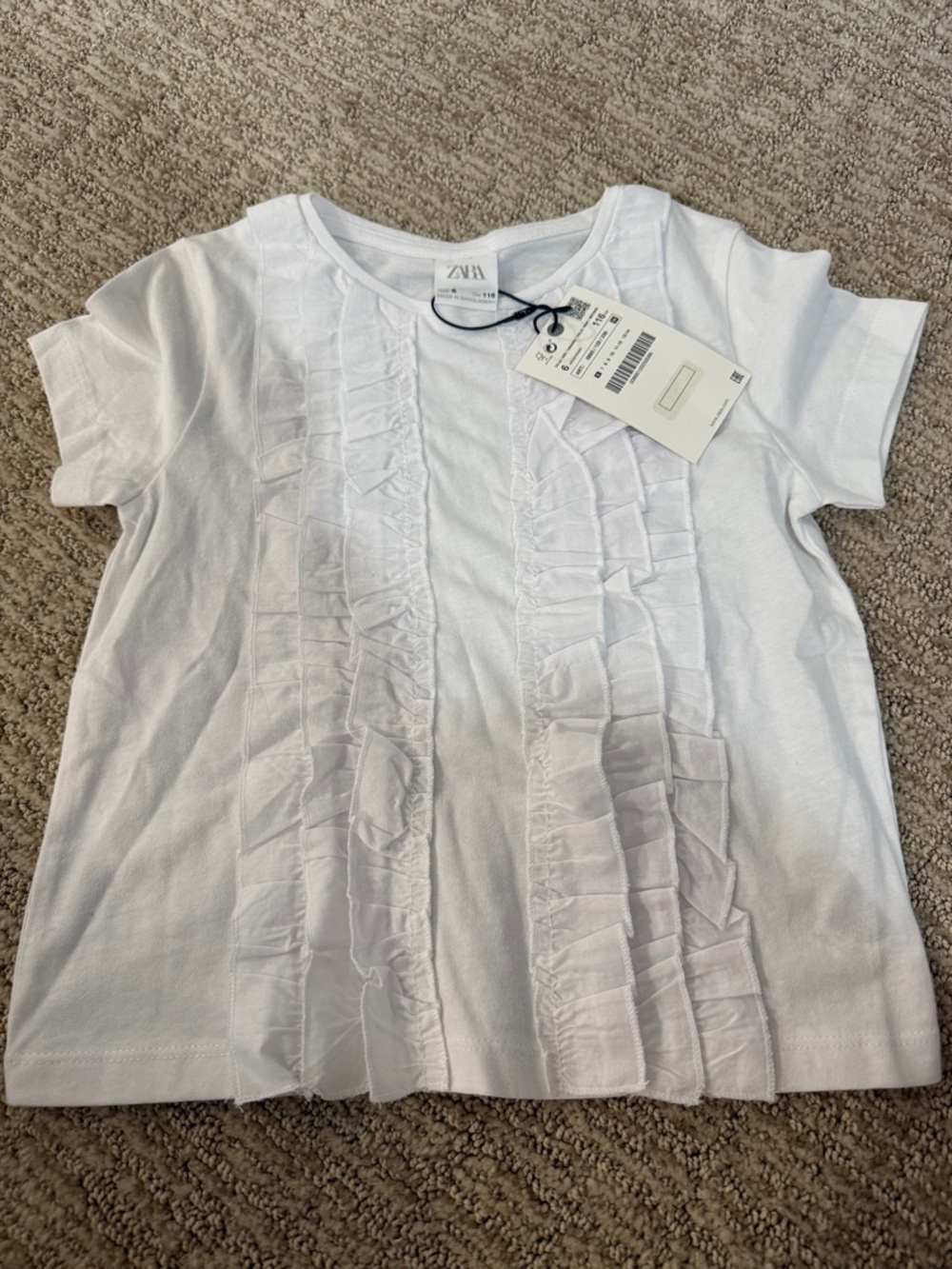 Zara Kids White Short-Sleeve Ruffle Front Tee Size 6 (NWT)